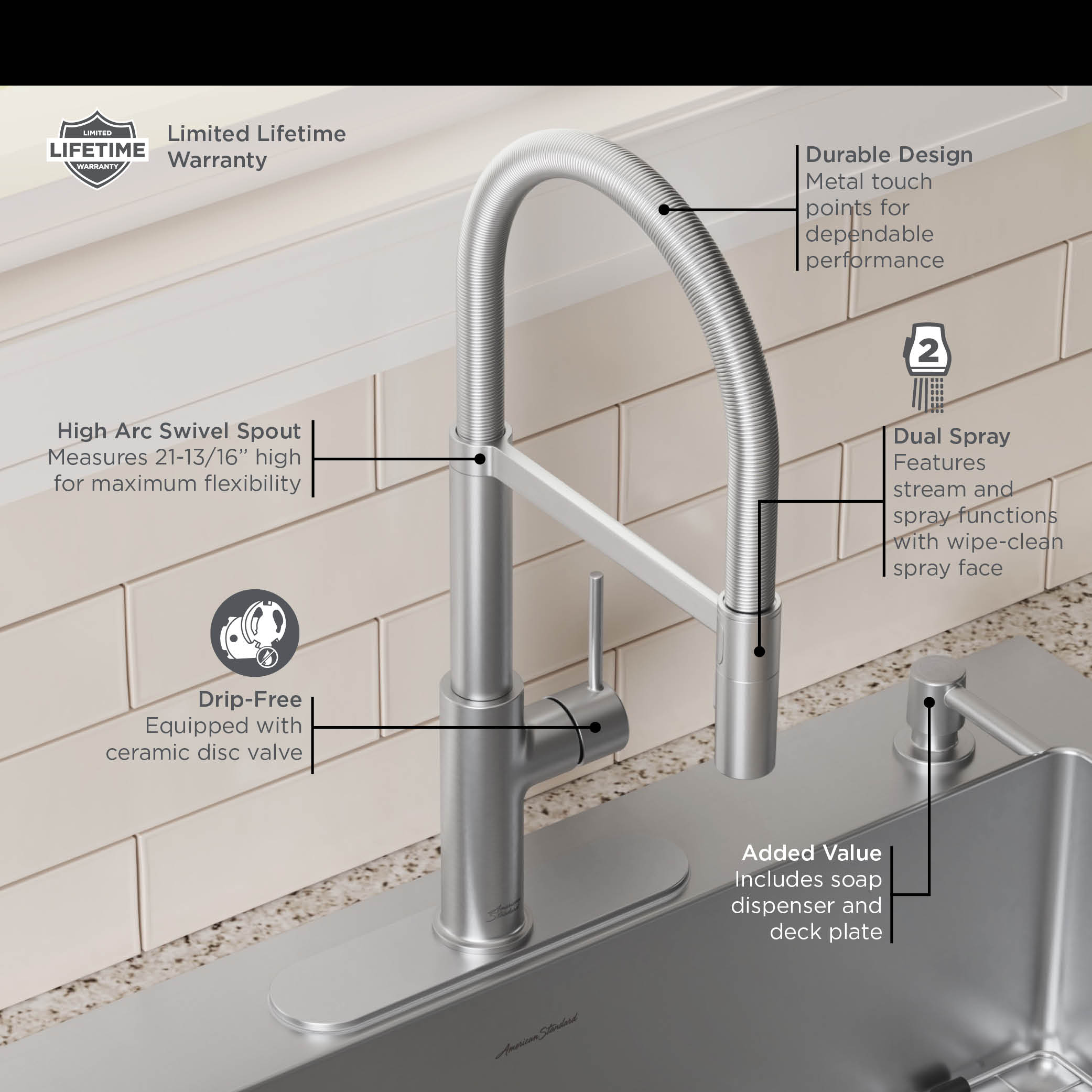 Tamarind SemiPro Dual Spray Kitchen Faucet with Deck Plate and Soap